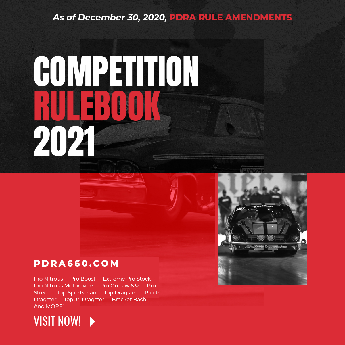 The <a href="/PDRARacing/">PDRA Racing</a> Competition Department has made a number of revisions regarding the 2021 Competition Rulebook. 

View the changes at PDRA660.com as our racers and teams prepare for the championship season.