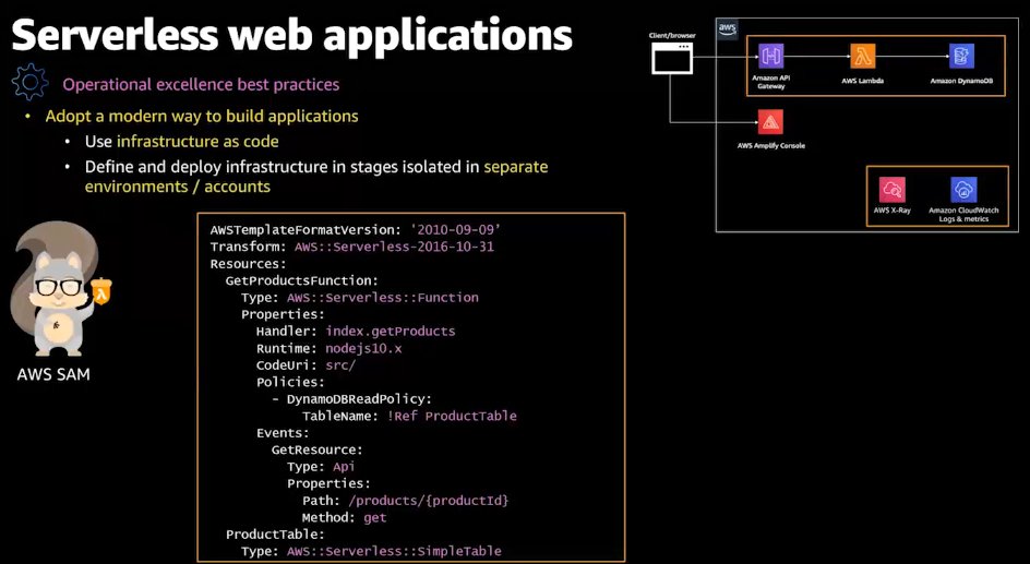 Hernan goes through how this works for a web app. Operational Excellence covers using "Infrastructure as Code" and using separate environments / accounts.  #serverless Use SAM or CDK