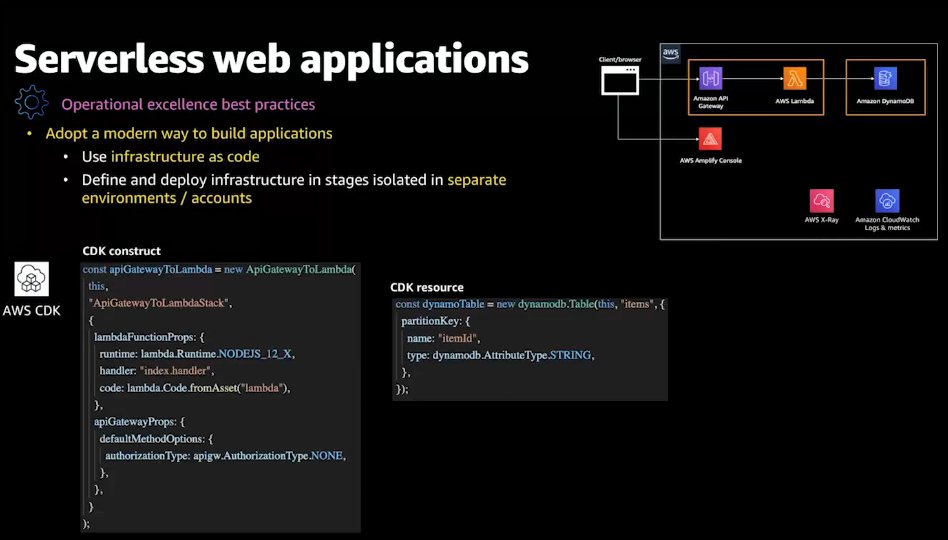 Hernan goes through how this works for a web app. Operational Excellence covers using "Infrastructure as Code" and using separate environments / accounts.  #serverless Use SAM or CDK