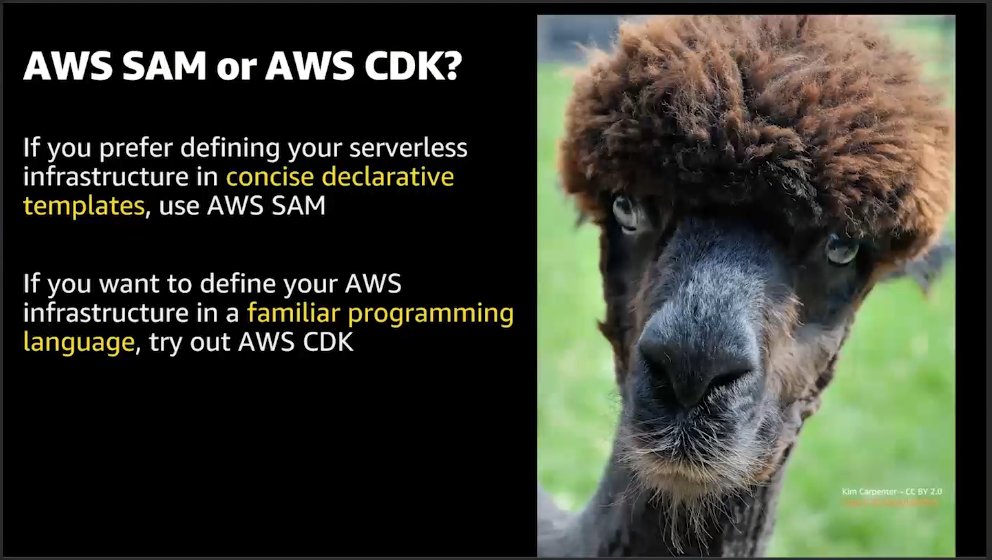 He has this handy slide to decide whether SAM or CDK is better for you. Either way, don't start from scratch  #serverless