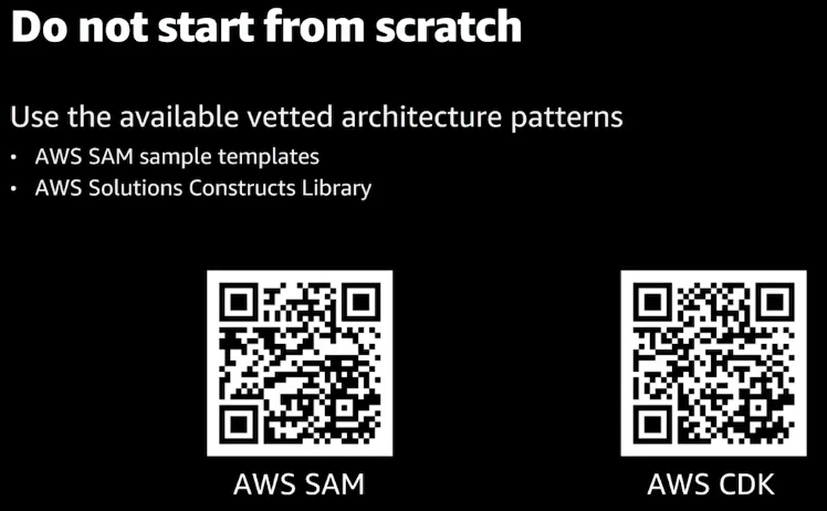 He has this handy slide to decide whether SAM or CDK is better for you. Either way, don't start from scratch  #serverless