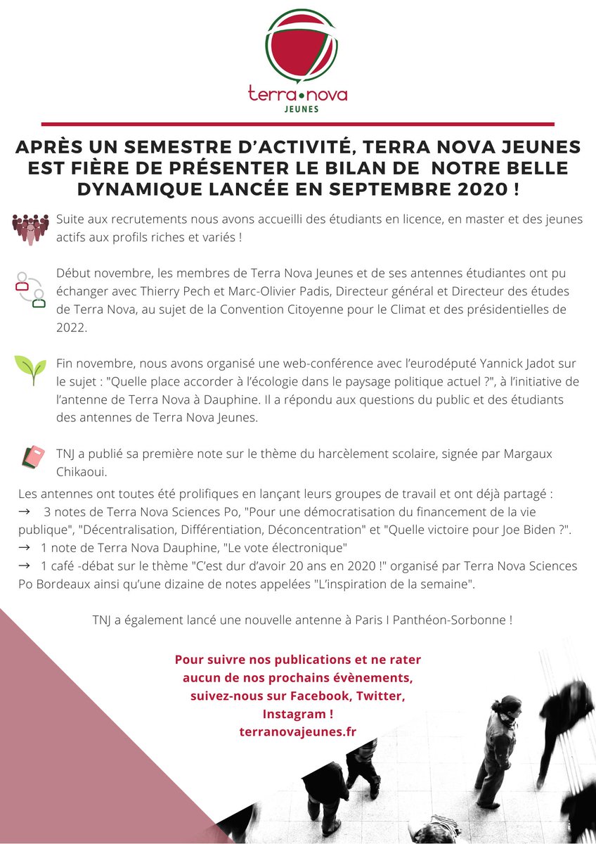 Après un semestre d'activité, Terra Nova Jeunes est fière de présenter le bilan de notre belle dynamique lancée en septembre 2020, et en profite pour vous souhaiter à toutes et à tous une belle année 2021 ! 🎆