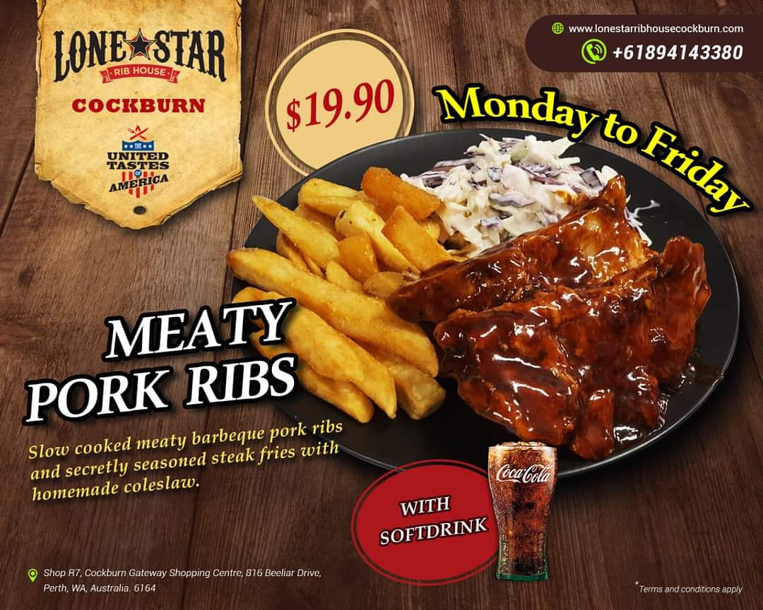 🎉JANUARY SPECIAL DEAL - Monday to Friday lunch meal special.🎉
Monday to Wednesday All day special 
👉 lonestarribhousecockburn.com. 
Reserve your table: Call on☎️📞 +61894143380
Visit us! Shop R7, <a href="/cockburn/">Frances Cobbett</a> gateway shopping centre , 816 Beeliar Drive, Perth, WA, Australia.
