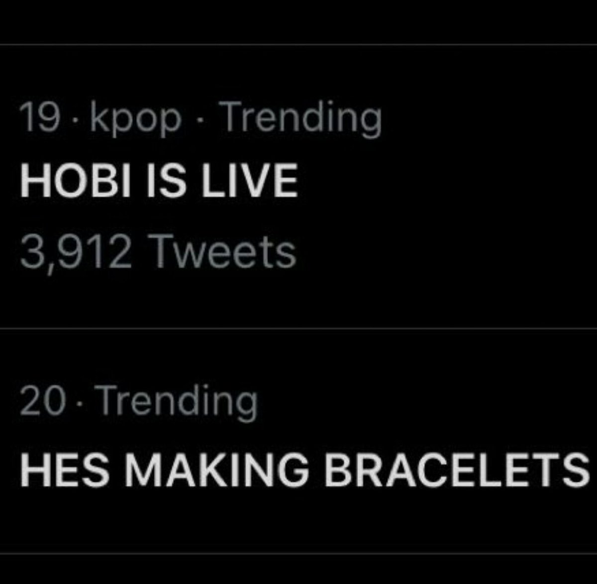 cutest thing when Hobi went live to make bracelets and was trending and locals was praising him lmao