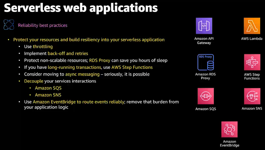 Reliability is all about protecting resources and building in resiliency. Throttling, back-off and retries, protecting non-scalable resources, Step Functions for transactions, using async decoupling with SNS/SQS/EventBridge.  #serverless