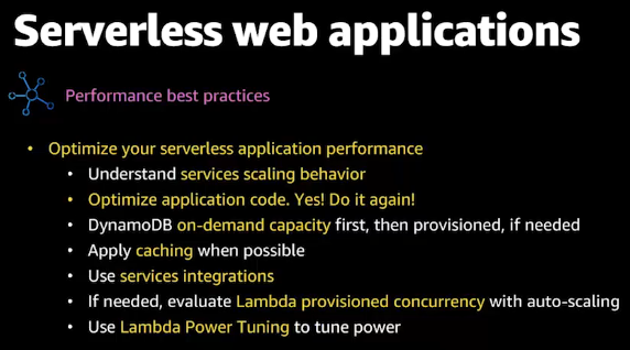 Performance covers optimization by understanding scaling behaviour, optimizing code, applying caching, using service integrations, and Lambda Power Tuning.  #serverless