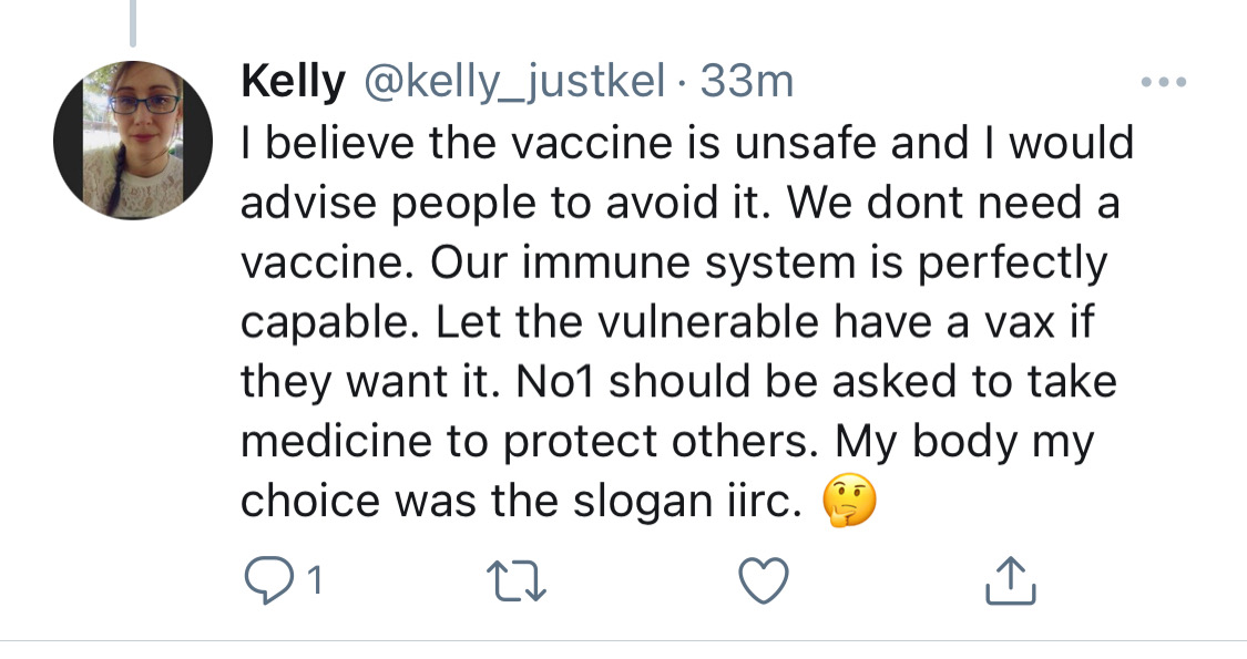 These are the people  #AltShiteUnmasked Kelly O'Driscoll wishes to appeal to and gain the approval of as a far-right agitator for the National Party. But the Macroom native, has recently jumped firmly on the  #antivax bandwagon.