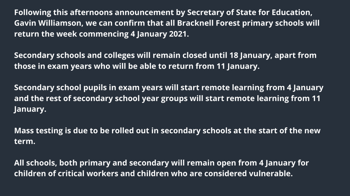BracknellForest's tweet photo. *Update on the reopening of schools*

For more information ⬇️
https://t.co/0tUxs0C4RW https://t.co/qQ3DV6FSfO