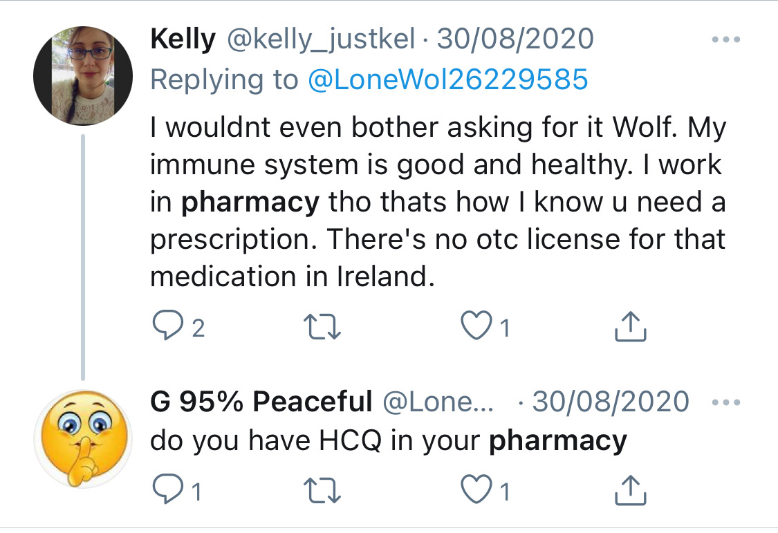 While co-opting a whole other movement's slogan, this alleged employee of a  #Cork  #Pharmacy uses her position to "legitimise" her  #antivax stance. Here Kelly O'Driscoll is advising a potential customer how to acquire  #HydroxyChloroquine, the  #debunked COVID "Cure".