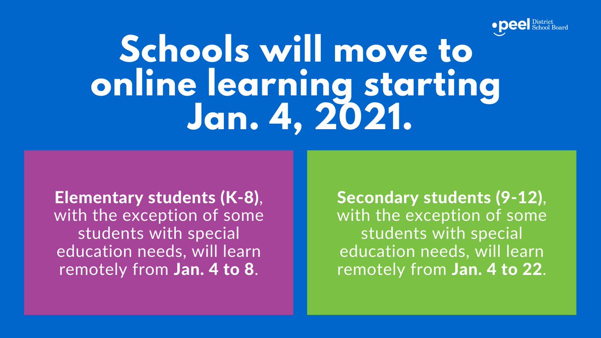 REMINDER: Peel students will move to online learning starting January 4, 2021, with the exception of some students with special education needs. ➡️Read an update sent to all families on Dec. 30: peelschools.org/media/newsrele…