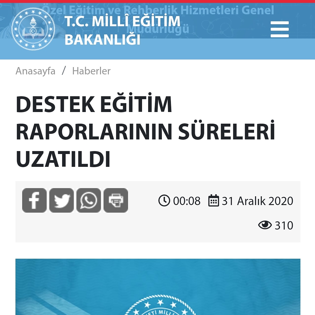 Daha önce RAM'lar tarafından düzenlenmiş olan Özel Eğitim Değerlendirme Kurulu Destek Eğitim Raporlarından bitiş tarihi 30.06.2021'e kadar olanların geçerlilik süresi 30.12.2020 tarihli ve 18656894 sayılı Bakan Onayı ile rapor bitiş tarihinden itibaren 6 ay süreyle uzatılmıştır