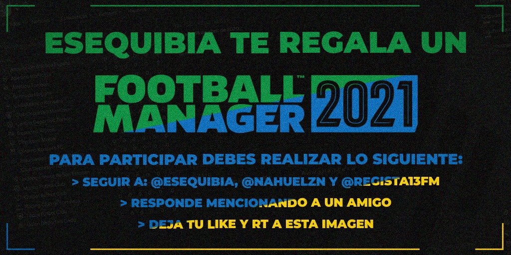 🔴SORTEO #FM21🔴

Queremos sortear una copia del Football Manager 2021 con todos ustedes!

Para participar:
➡️ Dar RT y Me Gusta a este tuit
➡️ Seguir a <a href="/esequibia/">Federación Esequibia de Fútbol</a>, <a href="/nahuelzn/">Nahuel Lanzón</a> y @Regista13FM 
➡️ Responder este tuit arrobando a un amigo

Se sortea el día del lanzamiento del parche.