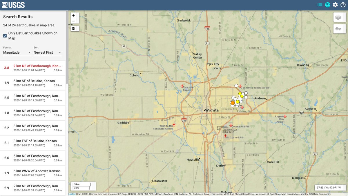 This morning’s M3.8 earthquake is the latest (and largest) in a series of modest quakes that have struck Wichita starting on November 26, so residents may be getting familiar with these abrupt rattles.