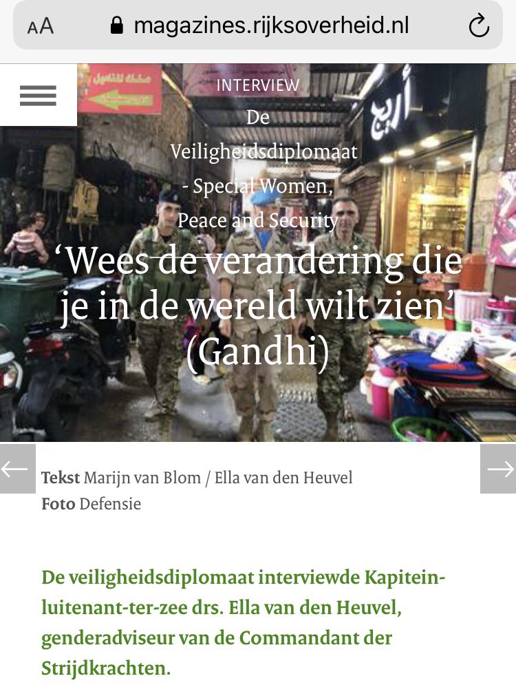 ‘Wees de verandering die je in de wereld wilt zien’ (Gandhi). Mooi interview van Marijn van Blom met genderadviseur van de Commandant der Strijdkrachten Ella van den Heuvel | De Veiligheidsdiplomaat #Defensie #NAP1325 #DAP #WPS magazines.rijksoverheid.nl/bz/veiligheids…