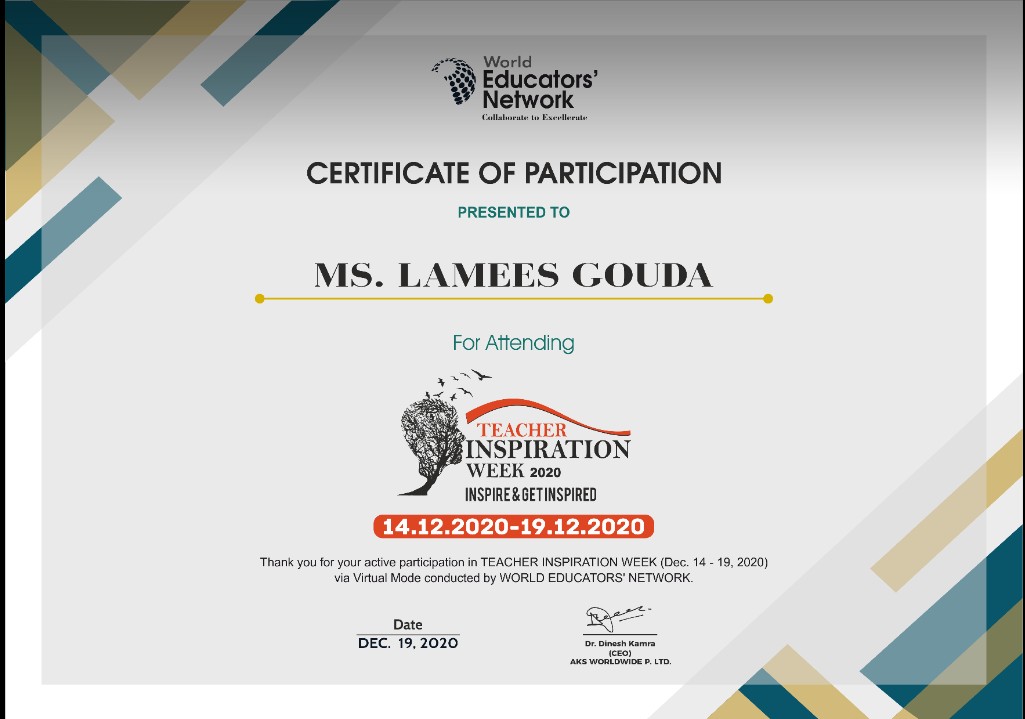 LameesGouda's tweet photo. My certificate for participating inย Teacher Inspiration Weekย fromย 14th to 19th December 2020๐๐
Thanks @being_sarvesh @aks_awards @kamra_dinesh
#GTA #goalkeeper4 #Egypt https://t.co/ENw0SGnymb