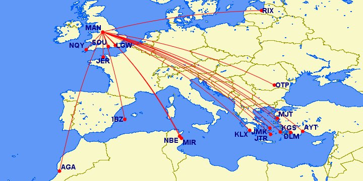 New routes at Manchester in 2021 (1/2):airBaltic - RigaBlue Islands - SouthamptonBritish Airways - London GatwickCorendon Airlines - DalamaneasyJet - Enfidha, Ibiza, KosJet2 - Jersey, Kalamata, Mykonos, Mytilene, SantoriniLoganair - NewquayNouvelair - Monastir
