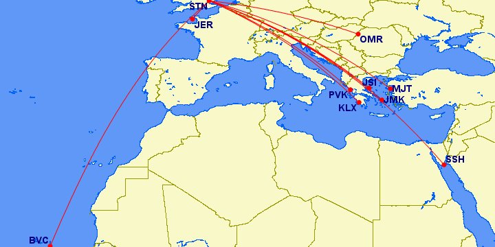New routes at London Stansted in 2021:Jet2 - Jersey, Mykonos, Mytilene, Preveza, SantoriniRyanair - OradeaTUI - Boa Vista, Sharm El Sheikh