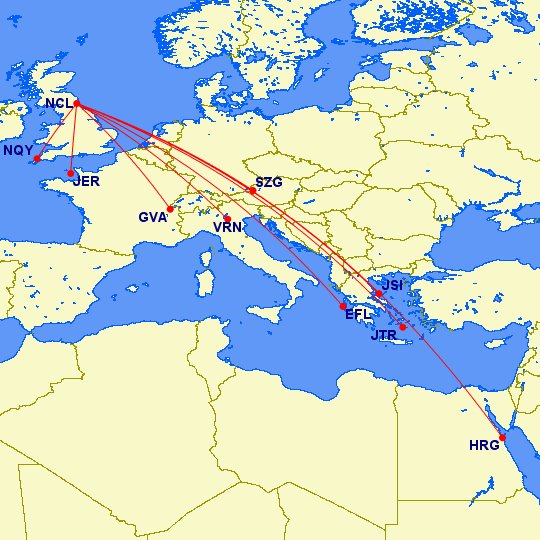 New routes at Newcastle in 2021:Jet2 - Geneva, Jersey, Kefalonia, Salzburg, Santorini, SkiathosLoganair - NewquayTUI - Hurghada, Salzburg, Skiathos, Verona