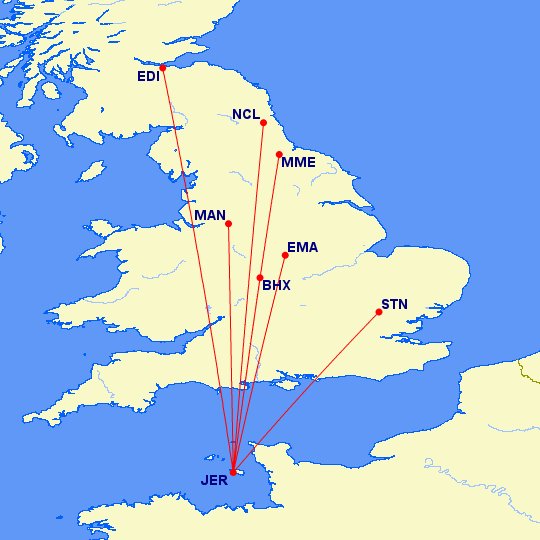 New routes at Jersey in 2021:Jet2 - Birmingham, East Midlands, London Stansted, Manchester, NewcastleLoganair - Edinburgh, Teesside