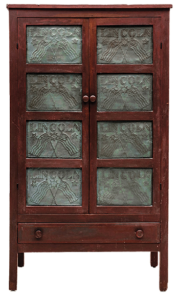 AntiqueDigest's tweet photo. Painted pie safe with 16 punched tins lettered “Lincoln” over crossed flags and augmented with stars, the walnut case in old red paint sold for $40,120 (est $6000/9000) at Soulis Auctions https://t.co/jY6gE6KMEe
#antiques #antique #furniture #Americana #piesafe #country #Lincoln https://t.co/h50L9x9G2T