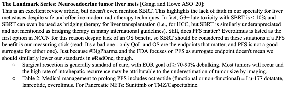 👏👏👏What a great initiative! I love @VPrasadMDMPH's lecture on PFS using PNETs.

Here is an excellent article on metastatic liver NETs, which understandably doesn't mention SBRT: 
link.springer.com/article/10.124…

Fortunately, #radonc continues to focus on QoL and OS - not PFS! 😉