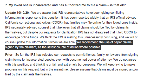 The IRS has actively sabotaged incarcerated people's efforts to get $1200 stimulus checks they're entitled to under the CARES Act. This includes not only misleading people about how to get checks—saying to file on paper not online but then processing only online filings—but also