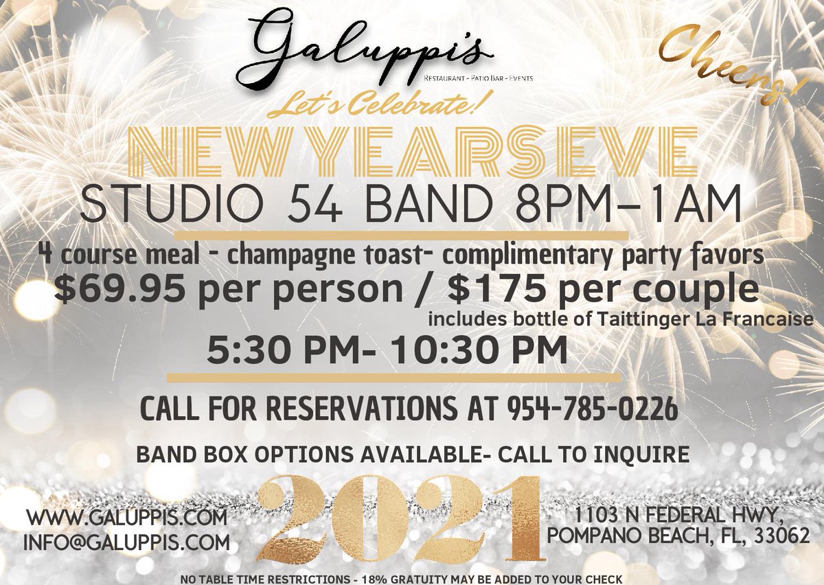The 11-piece Original Studio 54 Band will fill the air with a tribute to New York City's world renowned night club, right here at Galuppi's on New Year's Eve. Call now to RSVP! #NYE2021