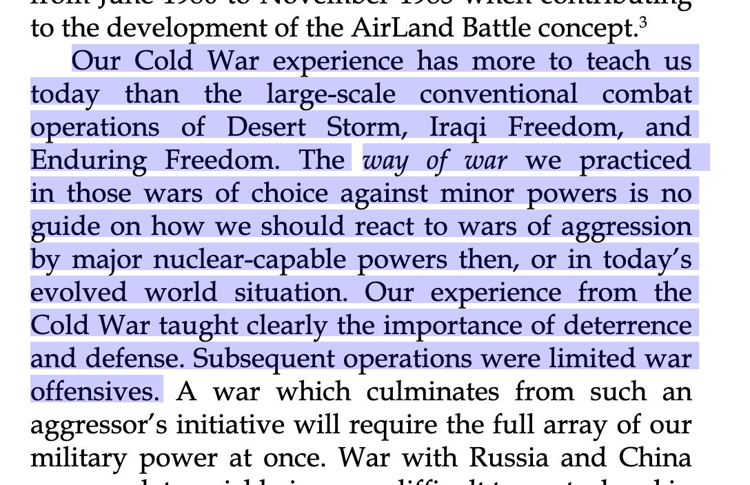 13. I really like this: The Cold War was a better analogue for what's going on than Desert Storm, and other more recent conflicts. It's all about deterring war. Likewise, so much of the tech focus of the Army comes out of thinking spurred by Desert Storm (RMA, etc.)