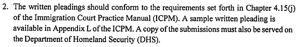 The order says respondent has to file a written pleading, "evidence related to the issue of removability" and all applications for relief within 45 days. The written pleading must include a series of statements waiving the requirements of 8 CFR 1240.10