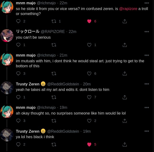 That said, I do not have explicit permission from rapizore to use these screenshots. However, these are widely available under the Twitter search feature. If rapizore wishes for me to take these down, I will comply.