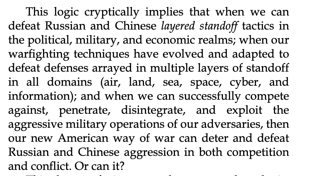 17. Again, a rephrasing of an important failing of MDO, which has to do with the expectation that developing military capabilities to counter A2AD somehow also counters non-military forms of competition, i.e. political and economic. I don't think WdC spends enough time on this.