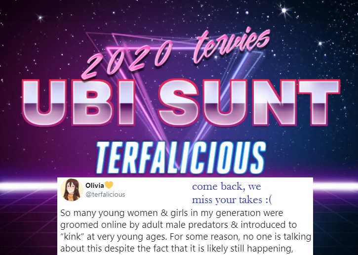 9- UBI SUNT?
Where's that terf you used to love seeing in your TL? :( Give her a well deserved shot-out!

WINNER: @terfalicious 
RUNNER-UP: @afabprivilege aka ASHARA