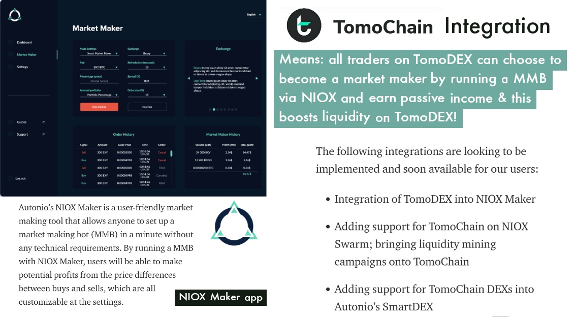  $NIOX |  $TOMO PARTNERSHIP @TomoChainANN CBDO says, "Working with  @AI_Autonio to improve liquidity across TomoX-based  #DEXs is a high priority initiative" - huge! #TOMO X  #NIOX integration> ALL TRADERS CAN BECOME MARKET MAKERS & earn passive income while boosting liquidity.