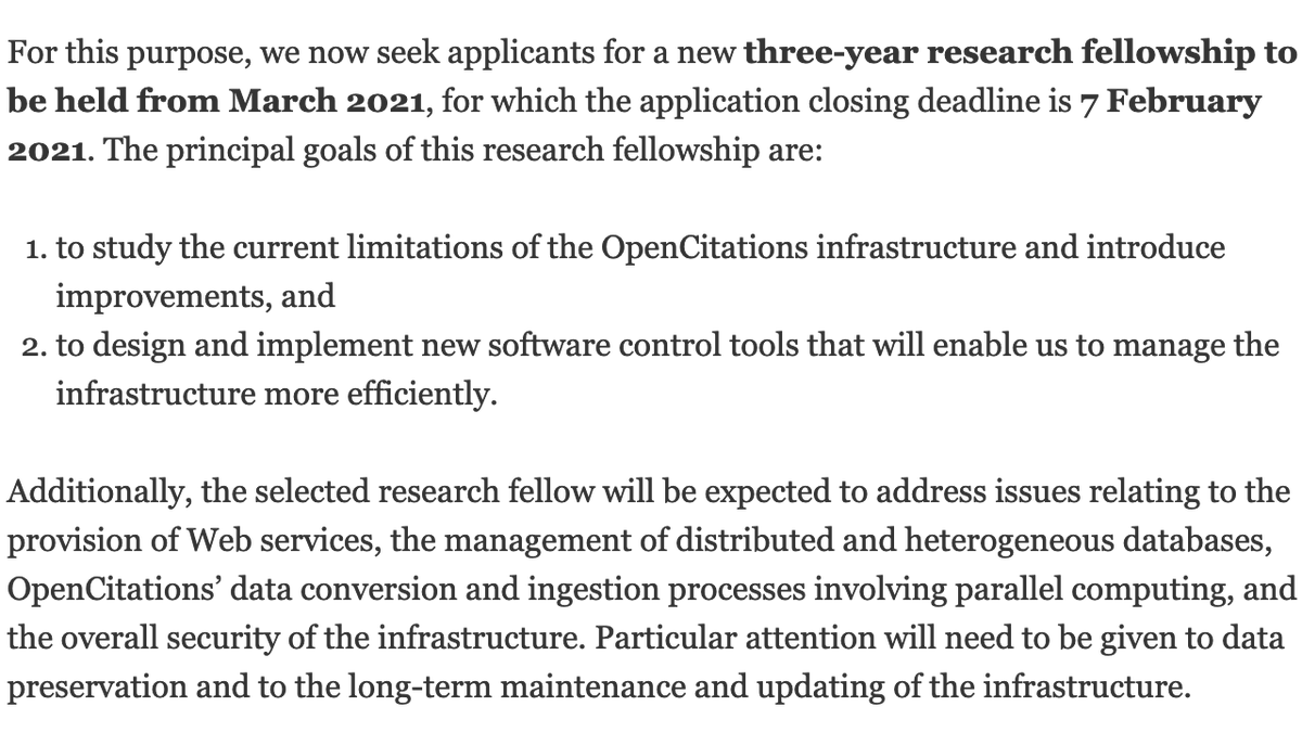Call for Applications now open (deadline: 7 Feb 2021) for a 3-year position to work on strengthening the current technical and computational infrastructure of #OpenCitations – more info at opencitations.wordpress.com/2020/12/30/see…

Please retweet and share! #OpenScience #OpenInfra #OpenData #OA