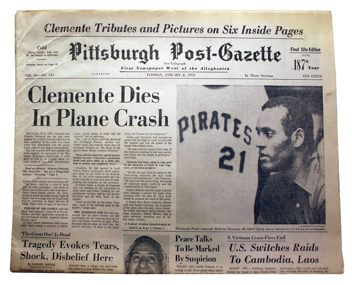 dvesean's tweet image. Pittsburgh Pirates RF Roberto Clemente 38 d. in a plane crash off the coast of Puerto Rico Dec 31 1972. He was trying to deliver earthquake relief supplies to Nicaragua. #21 played his entire 18 season career for The Pirates, 1955-1972. 15X All Star, 12X Gold Glove, Baseball HOF.