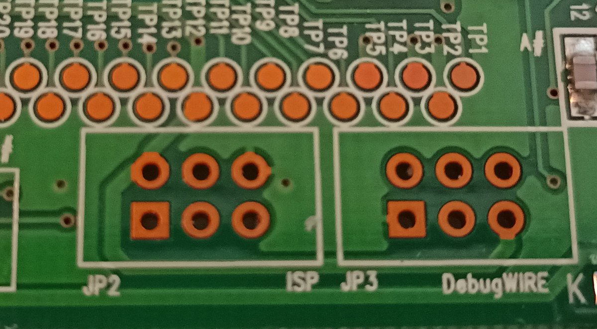 Anyway, the final bit for for this board is to pull off some stickers.We've got two 6-pin connectors. ISP and DebugWIRE.These are gonna be programming interfaces for the two chips. ISP for the AVR, and DebugWIRE for the M8