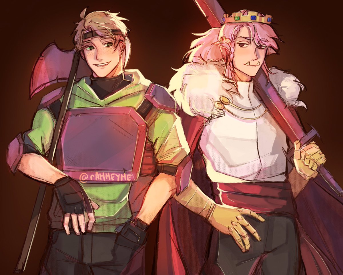 multiple boys 2boys pink hair male focus cape axe weapon  illustration images