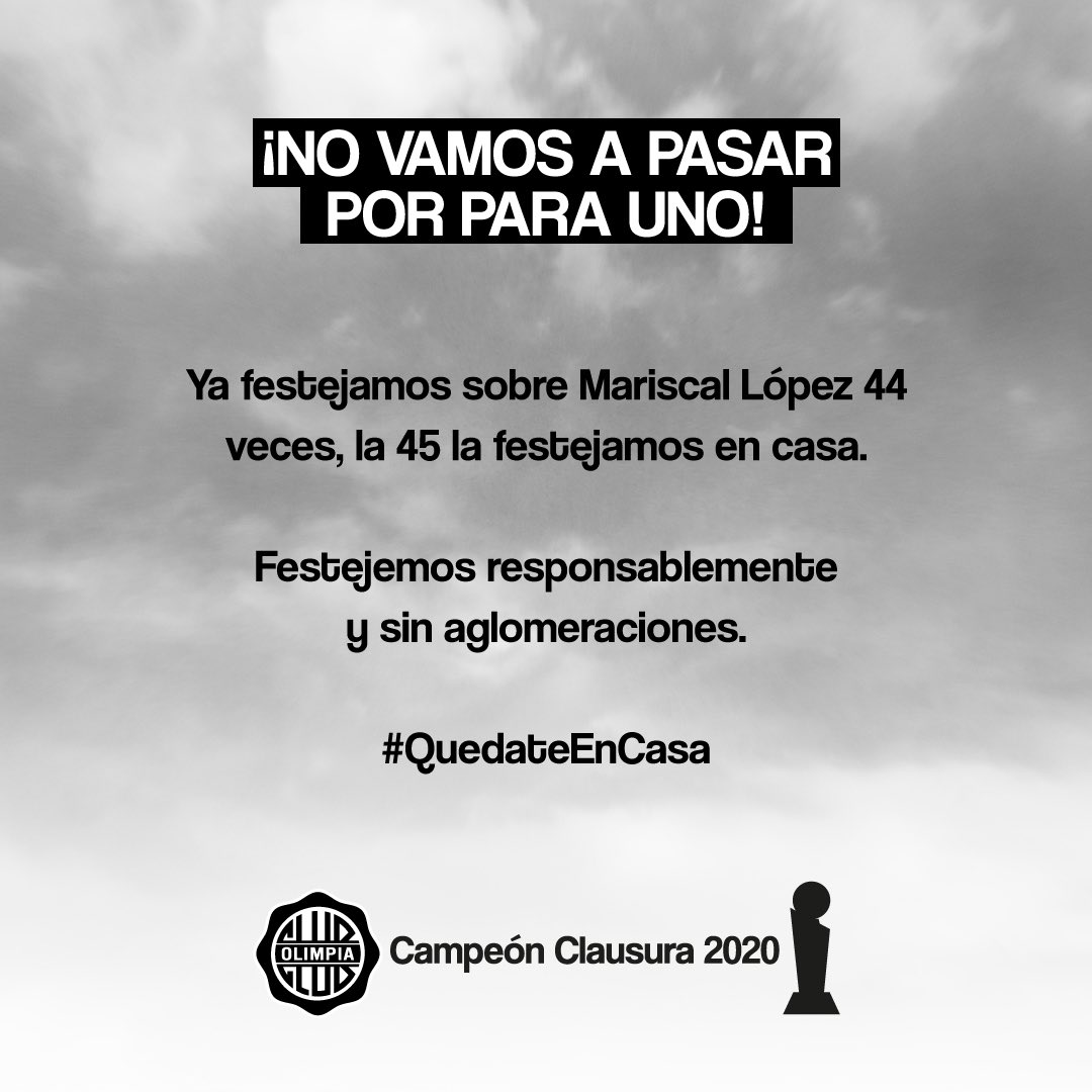 ATENCIÓN PUEBLO OLIMPISTA

La emoción es grande, pero la responsabilidad también. 

No vayas a Para Uno, cuidá a tu familia.

El Club #Olimpia te lo pide.

#AlcanzameSiPuedes ✈️
#OlimpiaCampeon45
#SomosOlimpia ⚪⚫⚪