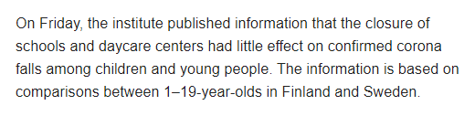 It's upsetting how Sweden & Public Health Agency have marketed the strategy as a success. There are many examples. I don't appreciate them influencing Finnish school policies with their fake numbers based on lack of testing. 'School closures are useless.'  https://svenska.yle.fi/artikel/2020/07/13/thls-salminen-om-en-eventuell-andra-coronavag-skolstangning-skulle-overvagas