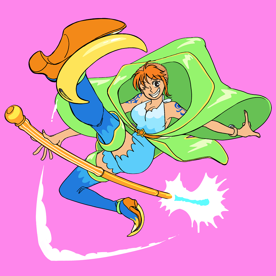 NAMI the weather witch! The old men on Weatheria were scandalized by her short hair/tattoos so she got... shorter hair + another tattoo (it's a 4-pointed star + ship's wheel + compass). The moons are skate wavers & she can combine em with her Clima-Tact to "fly" on clouds! (3/9)