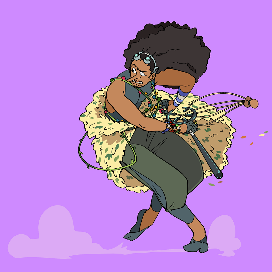 Usopp's lil gloves/shoes are bonded tree rubber sap, for grip as he runs around parkour-style (flee skill: upgraded). Rubber bands between 2 fingers act as slingshots. Leaf coat gives him camouflage but he can also inflate it to look like a giant owl to scare off predators! (4/9)