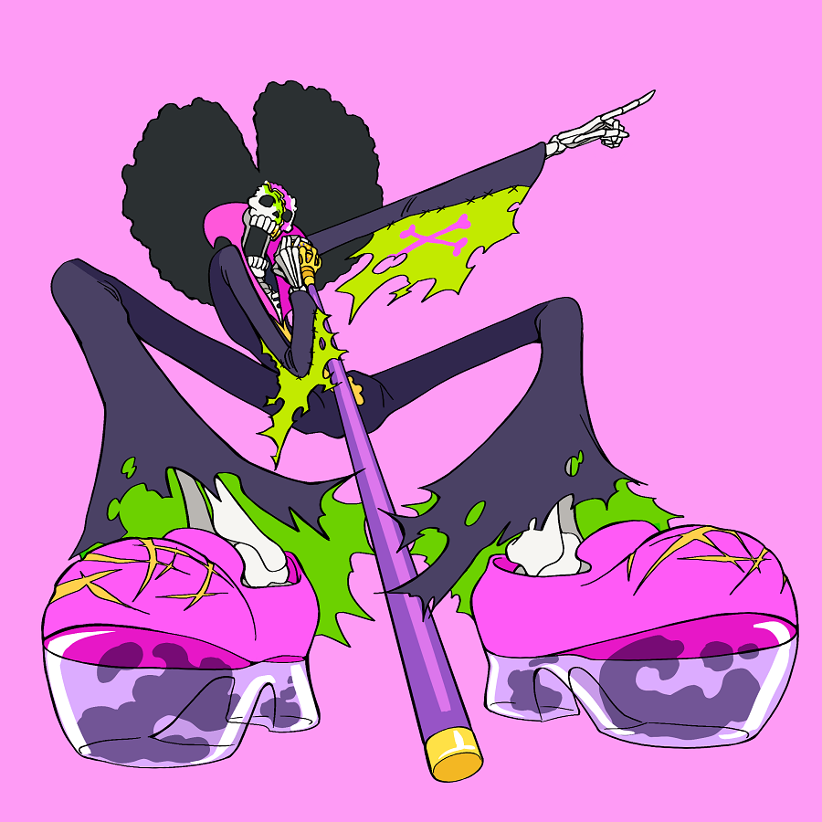 Aaand lastly, Brook! Soul King Superstar  He cracked his skull all the way through and fixed it with gold welding (kintsugi). His lapel is an inverted violin and his sword-cane is now also a mic. His shoes are sabaody tech that make his steps totally silent! (9/9)