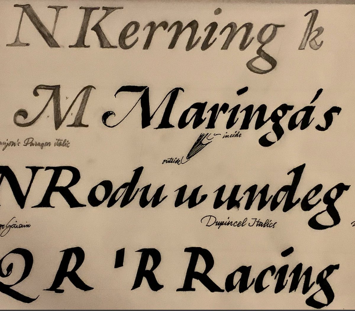 I am looking at Vervliet's compilation of French Renaissance type (most of it seems to come from the Plantin Moretus collection) and drawing it, sometimes from very small specimen. Also a bit of broad nib calligraphy (if you can call it that) to get a sense of the real thing.