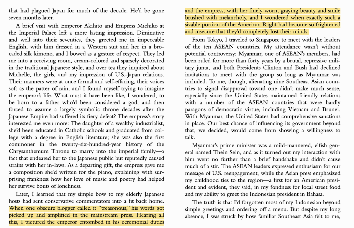 Obama bowed to the Japanese emperor, which conservatives called "treason." According to Obama, “I wondered when exactly such a sizable portion of the American Right had become so frightened and insecure that they’d completely lost their minds.”