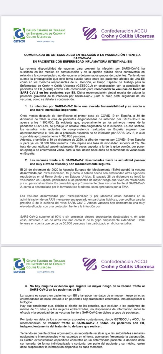 Recomendaciones de <a href="/geteccu/">GETECCU</a> y <a href="/ACCU_Espana/">ACCU ESPAÑA</a> sobre la vacunación COVID en los pacientes con EII geteccu.org/contenidos/up/…