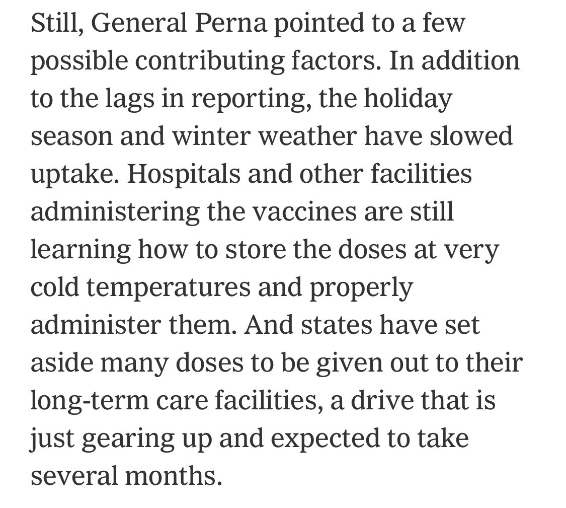 15/n This just came out: “states have set aside many doses to be given out to their long-term care facilities, a drive that is just gearing up and expected to take ***several months***.” According to an Operation Warp Speed official ( https://www.nytimes.com/live/2020/12/30/world/covid-19-coronavirus-updates#officials-with-operation-warp-speed-acknowledge-the-slow-pace-of-initial-vaccinations)Seriously?