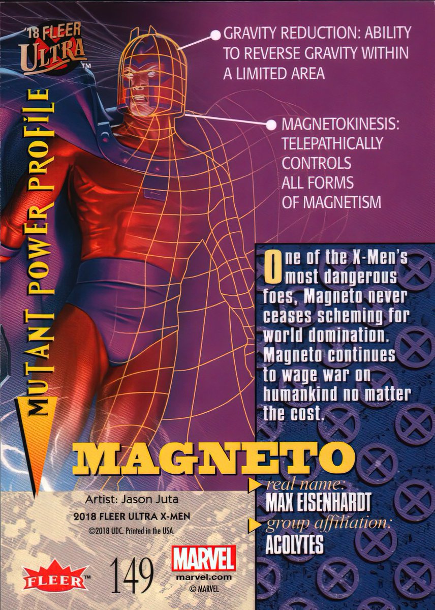 2018 Fleer Ultra X-Men #149 -- Magneto. Artwork by @JasonJuta.