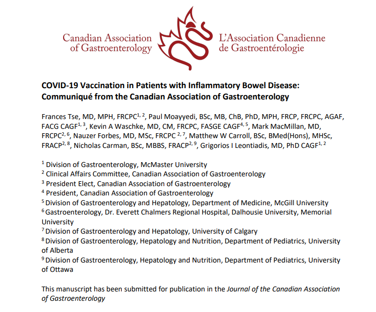 GriLeont's tweet photo. Timely! The Canadian Association of Gastroenterology @CanGastroAssn has just provided guidance for mRNA COVID-19 vaccinations in patients with inflammatory bowel disease (IBD): https://t.co/K6QyUBTKWf Will be published in JCAG soon. https://t.co/hiHYLSSN60