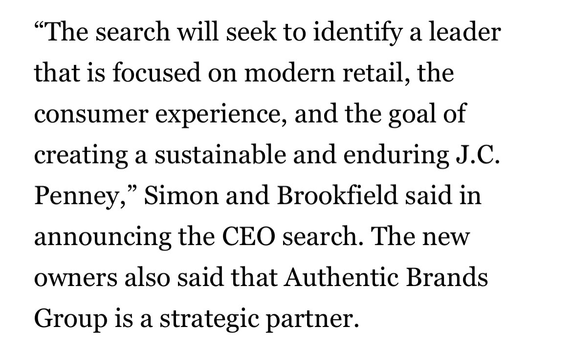 As new owners of JCP: Simon, look for a replacement CEO; they cited ABG as a strategic partner in the searchIt’s all coming together.I would expect the new CEO to be first or second degree to the ABG network of Brands