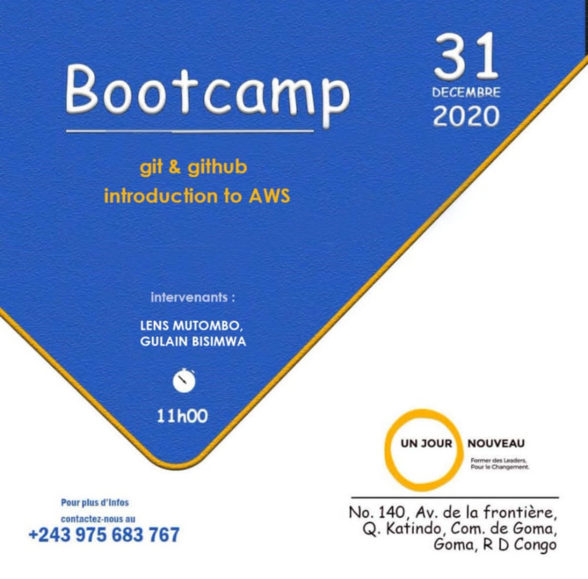 gullain_bisimwa's tweet photo. Notre bootcamp aura lieu ce jeudi de 11h30 à 13h30.  Venez apprendre avec nous git &amp; github et une introduction à AWS dans la salle Leadership Academy / un jour nouveau #github #aws @lenscorpx @Sudi_Dav @AWS @github @DavidKathoh @officialnahayo   #girlsintech https://t.co/hKrkktxDxI